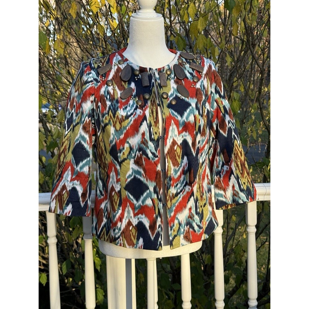 Vintage Joan Rivers Ikat Print Embellished Blazer Wood Beads Size 6